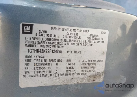 2009 GMC Sierra 2500Hd Work Truck z USA, uszkodzony, nr VIN 1GTHK43K79F124276